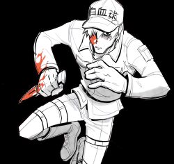  1boy baseball_cap black_background blood blood_on_arm blood_on_face bloody_knife boots collared_jacket commentary english_commentary gloves hair_over_one_eye hands_up hat hataraku_saibou highres holding holding_knife jacket knife long_sleeves looking_at_viewer male_focus pants robodumpling short_hair simple_background solo spot_color thigh_strap u-1146 uniform white_blood_cell_(hataraku_saibou) 