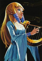  1girl absurdres artist_request black_background blonde_hair blue_eyes dress hair_tubes highres holding_harp long_hair looking_to_the_side musical_note nintendo official_art pointy_ears princess_zelda sheet_music sidelocks solo the_legend_of_zelda the_legend_of_zelda:_skyward_sword third-party_source white_dress wide_sleeves wristband 