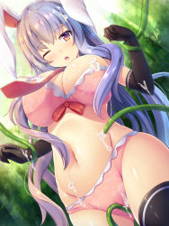 1girl :o black_gloves black_thighhighs bow bow_bra bra breasts commentary_request cum day dutch_angle elbow_gloves floral_print gloves groin hand_up highres large_breasts liya long_hair multicolored_eyes navel necktie one_eye_closed orange_eyes outdoors panties pink_bra pink_panties plant purple_eyes red_necktie reisen_udongein_inaba solo standing sunlight thighhighs touhou underwear underwear_only veins very_long_hair wide_hips rating:Explicit score:25 user:danbooru