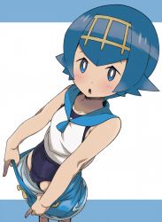  1boy blue_eyes blue_hair blue_one-piece_swimsuit bright_pupils bulge clothes_pull collagen collarbone creatures_(company) crossdressing fat_mons game_freak lana_(pokemon) male_focus matching_hair/eyes nintendo npc_trainer one-piece_swimsuit open_mouth pokemon pokemon_sm short_hair shorts shorts_pull shota solo swimsuit swimsuit_under_clothes trap trial_captain white_pupils  rating:Questionable score:106 user:Dweenie