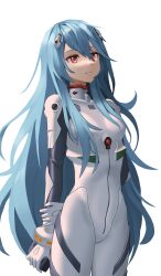  1girl absurdres alternate_hair_length alternate_hairstyle ayanami_rei blue_hair bodysuit breasts evangelion:_3.0+1.0_thrice_upon_a_time hanho highres long_hair neon_genesis_evangelion plugsuit rebuild_of_evangelion red_eyes shiny_clothes simple_background smile solo standing two_side_up very_long_hair white_bodysuit wide_hips 
