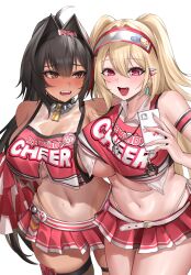  2girls absurdres ahoge bare_shoulders bay_(nikke) belt black_hair blonde_hair blush breasts brown_eyes cellphone_charm charm_(object) cheerleader clay_(nikke) cleavage clothes_writing english_text goddess_of_victory:_nikke hair_intakes hair_ornament hairclip highres holding holding_phone huge_breasts kurone_rinka large_breasts long_hair looking_at_another looking_at_viewer mole mole_on_stomach mole_under_mouth multiple_girls nail_polish navel open_mouth phone pleated_skirt ponytail red_eyes red_shirt red_skirt see-through see-through_cleavage shirt simple_background skirt smile star_(symbol) sweat tan tanline teeth thighs underboob upper_teeth_only very_long_hair visor_cap whistle whistle_around_neck white_background white_belt 