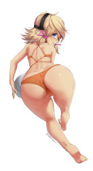 1girl artist_name ass bad_id bad_pixiv_id bandaid bandaid_on_face bandaid_on_nose beach_volleyball bikini blonde_hair blue_eyes borderlands_(series) borderlands_2 from_behind hair_ribbon looking_at_viewer orange_bikini ribbon short_twintails simple_background solo stormcow swimsuit tiny_tina twintails wedgie rating:Questionable score:300 user:danbooru
