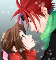  1boy 1girl aerith_gainsborough braid brown_hair earrings final_fantasy final_fantasy_vii final_fantasy_vii_remake green_eyes hair_ribbon highres jewelry long_hair looking_at_another red_hair reno_(ff7) ribbon scarf snow snowing spiked_hair square_enix sunglasses sunglasses_on_head turks_(ff7)  rating:Sensitive score:9 user:vulcano999