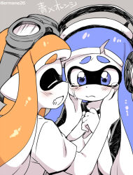 2girls blue_eyes blue_hair blush closed_eyes comforting crying crying_with_eyes_open eromame goggles hands_on_own_face hat headphones inkling inkling_girl inkling_player_character multiple_girls nintendo orange_hair pointy_ears shirt smile splatoon_(series) tears tentacle_hair yuri 