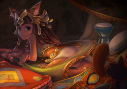  1girl animal_ears ass bandeau bastet_(p&amp;d) black_hair bracer cat_ears egyptian fringe_trim from_behind green_eyes jewelry long_hair looking_back lying midriff on_stomach panties puzzle_&amp;_dragons skirt smile solo tail tiara underwear  rating:Questionable score:16 user:danbooru