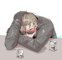  1boy albert_wesker black_gloves black_jacket blush cup dead_by_daylight drinking_glass eiri_(eirri) glass gloves hair_slicked_back hand_on_own_head jacket light_brown_hair looking_at_viewer male_focus orange_eyes resident_evil shot_glass signature solo sunglasses sweat upper_body 