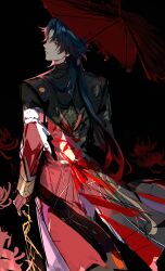  1boy absurdres black_background black_capelet black_hair blade_(honkai:_star_rail) bracer capelet closed_mouth coat expressionless feet_out_of_frame flower gloves gold_trim highres holding holding_umbrella honkai:_star_rail honkai_(series) kelme layered_sleeves long_hair long_sleeves looking_at_viewer looking_back low_ponytail male_focus oil-paper_umbrella red_coat red_eyes red_flower red_gloves red_umbrella short_over_long_sleeves short_sleeves simple_background solo spider_lily torn_umbrella umbrella 