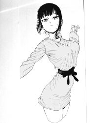  1girl arched_back arm_up bad_id bad_pixiv_id black_hair breasts closed_mouth dende_(dndn222) dress greyscale highres large_breasts looking_at_viewer monochrome original scan scan_artifacts solo standing thighs traditional_media 