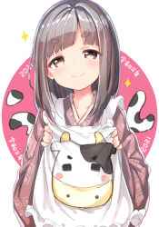  1girl animal_print apron apron_lift blunt_bangs blush bob_cut brown_eyes chinese_new_year chinese_zodiac circle closed_mouth clothes_lift collarbone cow_print dot_nose frilled_apron frills grey_hair hair_intakes hands_up head_tilt japanese_clothes kimono kuresuku_(lessons) lifted_by_self long_sleeves looking_at_viewer medium_hair original patterned_clothing pink_kimono short_eyebrows smile solo star_(symbol) straight_hair swept_bangs thick_eyebrows thick_eyelashes upper_body v-shaped_eyebrows white_apron white_background wide_sleeves year_of_the_ox 