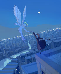  1boy 1girl absurdres angel angel_wings avogado6 ballet ballet_slippers beckoning black_dress blue_sky bridge brown_hair building city city_lights cityscape collared_dress colored_skin commentary_request covered_eyes dress dutch_angle en_pointe facing_away feathered_wings flying formal gibbous_moon hair_over_eyes halo highres horizon jacket long_sleeves moon night on_rooftop original outdoors outstretched_hand outstretched_leg pants river sky skyscraper suicide suit white_footwear white_hair white_jacket white_pants white_skin white_suit wide_shot wings 