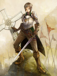 androgynous armor banner boots brown_eyes brown_hair cape cross fantasy gender_request gloves mosa-mosa pants polearm spear sword weapon rating:Sensitive score:5 user:Luthorne