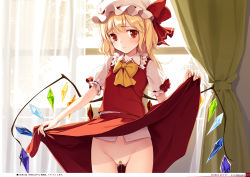 1girl absurdres ascot bandaid bandaid_on_pussy blonde_hair blush bow breasts closed_mouth clothes_lift collared_shirt crystal curtains day dress_shirt flandre_scarlet flashing hair_between_eyes hat hat_ribbon highres indoors ke-ta lifted_by_self loli looking_at_viewer medium_hair mob_cap no_panties non-web_source one_side_up petite puffy_short_sleeves puffy_sleeves pussy_juice red_bow red_eyes red_ribbon red_skirt red_vest ribbon shirt shirt_under_shirt short_sleeves skirt skirt_lift skirt_set solo tears touhou translation_request vest white_shirt window wing_collar wings yellow_ribbon rating:Explicit score:65 user:danbooru