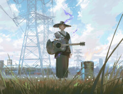  1boy acoustic_guitar arm_at_side black_robe brown_hair building closed_mouth cloud cloudy_sky day drum_(container) field fire grass guitar hand_rest highres instrument long_sleeves looking_at_viewer male_focus outdoors power_lines purple_eyes purple_fire reoen robe scenery shirt short_hair shoulder_strap sinsekai_studio sky smile solo standing tobia_(sinsekai) transmission_tower virtual_youtuber white_shirt wide_brim wide_shot 