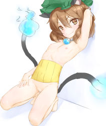 1girl animal_ears arm_behind_head arm_up armpits brown_eyes brown_hair cat_ears chen cleft_of_venus fang fang_out flat_chest hair_between_eyes hashimoto_w.s. hat leaning_back loli multiple_tails nipples nude pussy short_hair smile solo squatting tail touhou uncensored v-shaped_eyebrows rating:Explicit score:98 user:danbooru