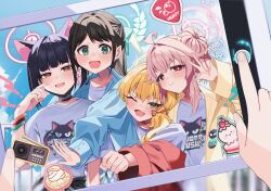  1other 4girls :d after-school_sweets_club_(blue_archive) ahoge airi_(band)_(blue_archive) airi_(blue_archive) animal_ears black_hair black_jacket blonde_hair blue_archive blue_jacket blush cat_ears cellphone_photo choker clothes_around_waist colored_inner_hair commentary english_commentary green_eyes green_halo group_picture hair_between_eyes hair_bun hair_ornament hair_scrunchie halo highres holding holding_tablet_pc jacket jacket_around_waist kazusa_(band)_(blue_archive) kazusa_(blue_archive) long_hair long_sleeves looking_at_viewer mask_pull multicolored_hair multiple_girls natsu_(band)_(blue_archive) natsu_(blue_archive) one_eye_closed open_mouth pink_hair print_shirt red_eyes red_jacket scrunchie shirt short_hair single_hair_bun smile t-shirt tablet_pc taking_picture tsushima_shigure w white_shirt yellow_eyes yellow_halo yellow_jacket yoshimi_(band)_(blue_archive) yoshimi_(blue_archive) 