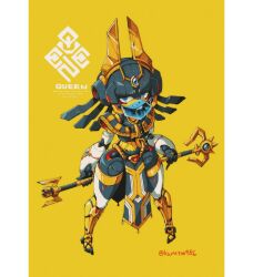  1girl blue_eyes commentary_request egyptian full_body holding holding_staff humanoid_robot joints kuruton486 looking_at_viewer mechanical_hair mouth_veil original pelvic_curtain robot robot_girl robot_joints solo staff standing tassel usekh_collar veil yellow_background 