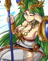  1girl absurdres ancient_greek_clothes armlet bare_shoulders breasts chain chiton circlet cleavage collarbone commentary diadem dress forehead_jewel gold_chain greco-roman_clothes green_eyes green_hair highres holding holding_staff jewelry kid_icarus kid_icarus_uprising large_breasts long_hair moxydraws neck_ring nintendo one_eye_closed palutena parted_bangs pendant shorts_under_dress single_thighhigh solo staff strapless strapless_dress thighhighs tiara vambraces very_long_hair white_dress white_thighhighs 