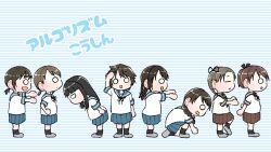  algorithm_march ayanami_(kancolle) black_hair blue_sailor_collar blue_skirt braid brown_hair brown_sailor_collar brown_skirt fubuki_(kancolle) hatsuyuki_(kancolle) isonami_(kancolle) kantai_collection long_hair miyuki_(kancolle) o_o pleated_skirt ponytail pythagora-switch sailor_collar school_uniform serafuku shikinami_(kancolle) shirayuki_(kancolle) short_hair side_ponytail single_braid skirt standing striped_background tsubutarou twin_braids uranami_(kancolle) 