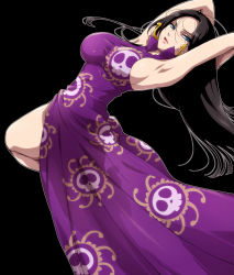  1girl amazon armpits arms_up black_hair blue_eyes boa_hancock breasts dress earrings hairu jewelry large_breasts long_hair looking_at_viewer marineford one_piece open_mouth purple_dress shichibukai sideboob simple_background solo 