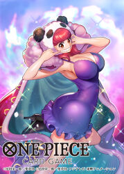  arched_back bashikou breasts cape charlotte_poire dress fingersmile fur_trim hat high_heels highres large_breasts one_piece one_piece_card_game pink_hair sharp_teeth smile teeth 