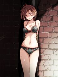 1girl absurdres alley angry arms_behind_back bdsm black_panties blush bondage bound bound_arms bra breasts brick_wall brown_eyes brown_hair cameltoe cleavage collarbone groin highres huge_filesize meiko_(vocaloid) navel outdoors panties rope short_hair solo sweat thigh_gap tsukishiro_saika underwear vocaloid wall rating:Questionable score:43 user:Daybreak01
