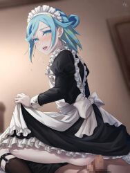  2boys alternate_costume anal apron aqua_eyes aqua_hair ass black_dress blurry blurry_background blush buttons censored clothes_lift collared_dress commentary_request creatures_(company) crossdressing dress dress_lift frilled_apron frills game_freak grusha_(pokemon) highres indoors lifting_own_clothes long_sleeves looking_down maid_headdress male_focus male_penetrated min_(myna8247) mosaic_censoring multiple_boys nintendo open_mouth penis pokemon pokemon_sv sex socks sweat teeth tongue tongue_out upper_teeth_only white_apron yaoi  rating:Explicit score:67 user:danbooru
