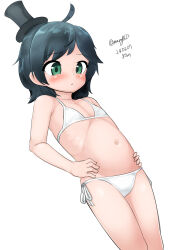  1girl absurdres ahoge bikini black_hair black_hat dated flat_chest green_eyes hands_on_own_hips hat highres kantai_collection maru_(marg0613) matsukaze_(kancolle) mini_hat mini_top_hat navel one-hour_drawing_challenge short_hair side-tie_bikini_bottom simple_background solo swimsuit top_hat twitter_username white_background white_bikini 