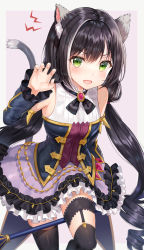 1girl :o absurdres animal_ear_fluff animal_ears bare_shoulders black_dress black_hair black_thighhighs breasts cat_ears cat_tail detached_sleeves dress fang frilled_dress frills garter_straps green_eyes hand_up highres karyl_(princess_connect!) long_hair long_sleeves looking_at_viewer low_twintails multicolored_hair open_mouth princess_connect! small_breasts solo standing streaked_hair tail thighhighs tokkyu twintails v-shaped_eyebrows very_long_hair white_hair rating:Sensitive score:10 user:danbooru