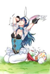  1girl absurdres animal animal_ears breasts cleavage closed_eyes closed_mouth collarbone easter_egg egg fire_emblem fire_emblem_awakening fire_emblem_heroes full_body gloves grass hair_between_eyes highres kinako_5108 leotard long_hair lucina_(fire_emblem) lucina_(spring)_(fire_emblem) nintendo official_alternate_costume on_grass pantyhose rabbit rabbit_ears rabbit_tail see-through see-through_sleeves seiza short_sleeves sitting small_breasts solo tail white_background white_gloves white_pantyhose zzz 