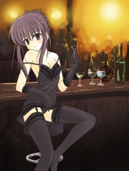  00s 1girl alcohol breasts chair chemise chikage_(sister_princess) cleavage colorized garter_straps glass gloves lace leaning_back lingerie long_hair masakichi_(crossroad) off_shoulder on_chair panties purple_eyes purple_hair shima_yukiwa sister_princess sitting small_breasts solo strap_slip tavern underwear 