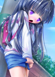  1girl backpack bag black_hair blue_skirt blue_sky blush bush cloud day dutch_angle female_focus have_to_pee highres kudoumiko loli long_hair long_sleeves miniskirt nose_blush open_mouth original outdoors own_hands_together pee peeing peeing_self pole purple_eyes shirt skirt sky sleeves_past_wrists solo standing wet wet_clothes white_shirt 
