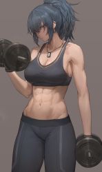 1girl abs absurdres bare_shoulders biceps blue_eyes blue_hair breasts cleavage dog_tags dumbbell exercising free_style_(yohan1754) highres large_breasts leona_heidern long_hair looking_at_viewer navel pants simple_background solo sports_bra the_king_of_fighters thighs weightlifting yoga_pants rating:Sensitive score:171 user:danbooru