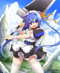 10s 1girl ahoge apron blue_hair blue_panties claymore_maid cygames fang frills hair_ribbon huge_weapon long_hair maid maid_apron maid_headdress mel/a open_mouth over_shoulder panties pantyshot purple_eyes ribbon shingeki_no_bahamut standing striped_clothes striped_panties sword sword_over_shoulder thighhighs twintails underwear watermark weapon weapon_over_shoulder white_thighhighs wrist_cuffs