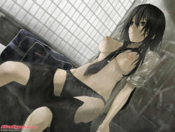 1girl 2009 bag between_breasts black_eyes black_hair black_panties bookbag breasts clothes_pull digital_media_player dutch_angle empty_eyes galge.com jewelry large_breasts lips long_hair makoto(pixiv) mizuki_makoto necklace necktie nipples open_clothes open_shirt panties shirt sitting skirt skirt_pull sleeves_rolled_up solo topless underwear wet wet_clothes wet_hair rating:Explicit score:76 user:danbooru