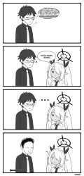  ... 1boy 1girl 4koma ^_^ absurdres doodle_sensei_(blue_archive) arrow_(symbol) blue_archive closed_eyes collared_shirt comic commentary dark-skinned_female dark_skin english_commentary english_text exhausted glasses greyscale hair_over_one_eye hair_ribbon halo highres iori_(blue_archive) long_bangs long_hair long_sleeves looking_at_another meme monochrome necktie neuron_activation_(meme) pointy_ears ribbon sensei_(blue_archive) shirt shudwho sidelocks simple_background smile speech_bubble surprised sweat sweatdrop nervous_sweating thought_bubble to_be_continued transformation twintails  rating:General score:5 user:danbooru