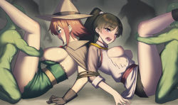  2girls black_hair black_skirt bound breasts brown_cape brown_gloves brown_hair cape dress fighter_(goblin_slayer!) gloves goblin goblin_male goblin_slayer! green_dress green_eyes hat jony_(avion_mura) large_breasts leg_lift legs long_hair lower_teeth_only multiple_girls no_nipples no_panties open_mouth paid_reward_available ponytail rape rope sash sex shirt sideboob skirt tears teeth torn_clothes torn_shirt upper_teeth_only witch_hat wizard_(goblin_slayer!) yellow_sash  rating:Explicit score:245 user:danbooru
