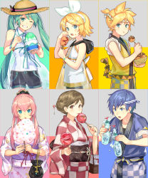  2boys 4girls :o :t adapted_costume alternate_costume alternate_hairstyle aqua_eyes aqua_hair aqua_nails bad_id bad_pixiv_id basket belt black_ribbon black_shorts blonde_hair blue_eyes blue_nails blush bottle bow bowl bracelet brown_eyes brown_hair candy_apple closed_mouth cotton_candy cowboy_shot drawstring_bag eating eyebrows eyelashes festival floral_print food food_on_face grey_background grin hachimaki hair_ornament hair_scrunchie hair_stick hair_up hairband hairclip hat hat_bow hat_ribbon hatsune_miku headband holding holding_bottle holding_bowl holding_food hood hood_down ice ichinose777 ikayaki japanese_clothes jewelry kagamine_len kagamine_rin kaito_(vocaloid) kimono long_hair looking_at_viewer megurine_luka meiko_(vocaloid) multiple_boys multiple_girls nail_polish nejiri_hachimaki obi one_eye_closed open_mouth pink_hair ponytail pouch ramune red_eyes red_nails ribbon rubbing_eyes sash scrunchie see-through sharing_food shaved_ice shippou_(pattern) short_hair short_sleeves shorts sidelocks sleeveless sleeves_rolled_up smile soap straw_hat swept_bangs takoyaki twintails two-tone_background very_long_hair vocaloid water white_bow wide_sleeves yukata  rating:General score:7 user:danbooru