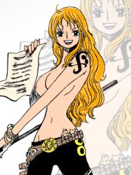  1girl artist_name artist_request ass boobsgames breasts brown_eyes fuck-me_(text) manga_(object) manga_page mature_female medium_breasts nami_(one_piece) one_piece orange_hair socks solo  rating:General score:6 user:Mangax