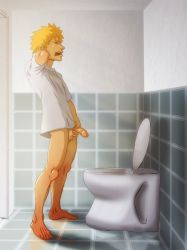 1boy barefoot bleach bottomless feet kurosaki_ichigo male_focus peeing penis toilet uncensored rating:Explicit score:34 user:YukiYukiLove