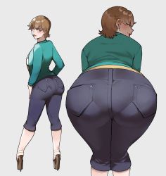  1girl alternate_footwear ass ass_focus bent_over black_footwear black_pants blush brown_eyes brown_hair capri_pants cardigan commentary earrings english_commentary fate/stay_night fate_(series) from_behind fujimura_taiga full_body green_cardigan high_heels highres huge_ass jewelry legs_together lips lipstick looking_at_viewer looking_back makeup nyantcha pants pantylines platform_footwear platform_heels short_hair smirk solo standing stiletto_heels sweater tongue tongue_out yellow_sweater  rating:Sensitive score:304 user:danbooru