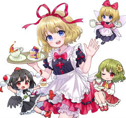  4girls :d ama-tou apron black_bow black_bowtie black_hair black_shirt black_skirt blonde_hair bloomers blue_eyes blush bow bowtie cake cake_slice collared_shirt commentary_request cup dress flower food fork frilled_apron frilled_shirt_collar frills fruit green_hair hair_bow hair_flower hair_ornament hair_ribbon hands_up hat holding holding_cup holding_fork holding_saucer holding_tray kazami_yuuka medicine_melancholy mini_hat multiple_girls open_mouth petals puffy_short_sleeves puffy_sleeves red_bow red_bowtie red_dress red_eyes red_hat red_ribbon red_shirt red_skirt reitaisai ribbon ribbon-trimmed_skirt ribbon_trim saucer shameimaru_aya shirt short_sleeves simple_background skirt sleeveless sleeveless_dress smile strawberry su-san sunflower sunflower_hair_ornament teeth tokin_hat touhou tray underwear upper_teeth_only white_apron white_background white_bloomers white_shirt yellow_flower 