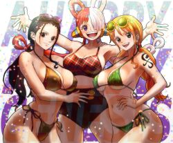  3girls :d absurdres arm_tattoo ass bikini black_eyes black_hair breasts brown_eyes cleavage closed_mouth confetti curvy didd_ley eyewear_on_head gold_bikini green_bikini groin hand_on_own_hip headphones highres huge_ass large_breasts long_hair looking_at_viewer low_ponytail low_twintails multicolored_hair multiple_girls nami_(one_piece) navel nico_robin one_piece one_piece_film:_red open_mouth orange_hair outstretched_arms plaid plaid_bikini ponytail purple_eyes red_bikini red_hair shiny_skin side-tie_bikini_bottom smile split-color_hair stomach sunglasses swimsuit tattoo teeth thighs thong_bikini twintails two-tone_hair two_side_up uta_(one_piece) very_long_hair white_hair wide_hips  rating:Sensitive score:124 user:danbooru