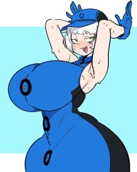  1girl armpits arms_up blush breasts curvy dress elizabeth_(persona) female_focus gloves hat huge_breasts inakotho1 looking_at_viewer persona persona_3 short_hair sleeveless sleeveless_dress solo sweat white_hair wide_hips yellow_eyes 