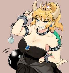  1girl 2018 bare_shoulders black_dress blonde_hair blue_eyes bowsette bracelet breasts brown_background chain_chomp cleavage collar crown dated dress earrings fingernails grin hand_on_own_hip horns jewelry large_breasts looking_at_viewer mario_(series) new_super_mario_bros._u_deluxe nintendo pointy_ears ponytail sharp_fingernails sharp_teeth signature simple_background slit_pupils smile solo strapless strapless_dress super_crown teeth tsukudani_(coke-buta) 