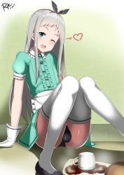  1boy absurdres blend_s bulge green_eyes headband highres kanzaki_hideri legs_together looking_down male_focus ryle silver_hair solo spill thighhighs tongue tongue_out trap white_thighhighs  rating:Sensitive score:40 user:Sachikong