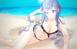  1girl absurdres artist_name bare_arms bare_legs bare_shoulders barefoot beach beachside bikini black_clover blue_sky breasts cleavage closed_mouth closed_smile collarbone day feet female_focus 1girl hair_ribbon highres laying on_side light_purple_hair long_hair looking_at_viewer lying medium_breasts closed_mouth navel noelle_silva ocean on_sand one_eye_closed one_eye_open female_focus outdoors outdoors pale pale_skin purple_eyes ribbon sand signature sky smile solo ssssugoi sun swimsuit thighs two_piece_swimsuit water wink 