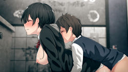 1boy 1girl age_difference black_hair blouse blush bob_cut bottomless breasts cleavage door from_side hetero highres indoors kemuri_haku large_breasts nipples onee-shota original prostitution school_uniform sex sex_from_behind shirt shota tagme toilet_stall white_shirt rating:Explicit score:563 user:buxom_bohemian