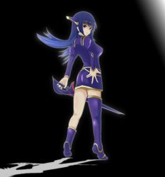  1girl blue_hair boots breasts female_focus full_body gradient_background long_hair looking_back purple_eyes rose_(dragoon) shamaru solo the_legend_of_dragoon thighhighs tiara 