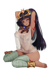 1girl arms_behind_head arms_up bandages barbariank barefoot blush bottomless breasts cleavage covered_erect_nipples crown dark-skinned_female dark_skin egyptian feet full_body head_tilt highres jewelry large_breasts long_hair looking_at_viewer monster_girl_encyclopedia monster_girl_encyclopedia_ii nipples no_bra no_panties pharaoh_(monster_girl_encyclopedia) purple_hair red_eyes see-through simple_background sitting smile solo toes undead very_long_hair wariza white_background rating:Questionable score:99 user:danbooru